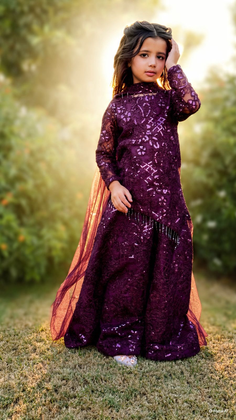 Deep Violet Net Sequined Peplum & Wide-Leg Palazzo - Image 2