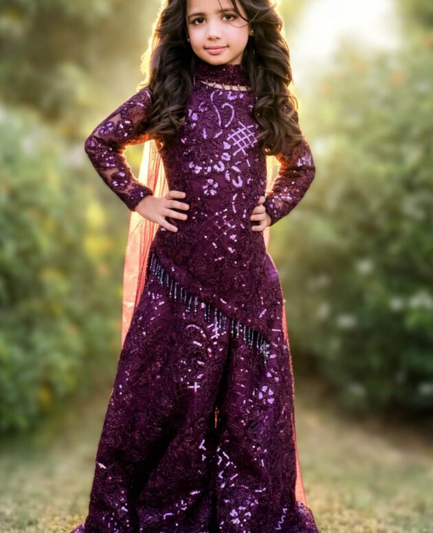 Deep Violet Net Sequined Peplum & Wide-Leg Palazzo