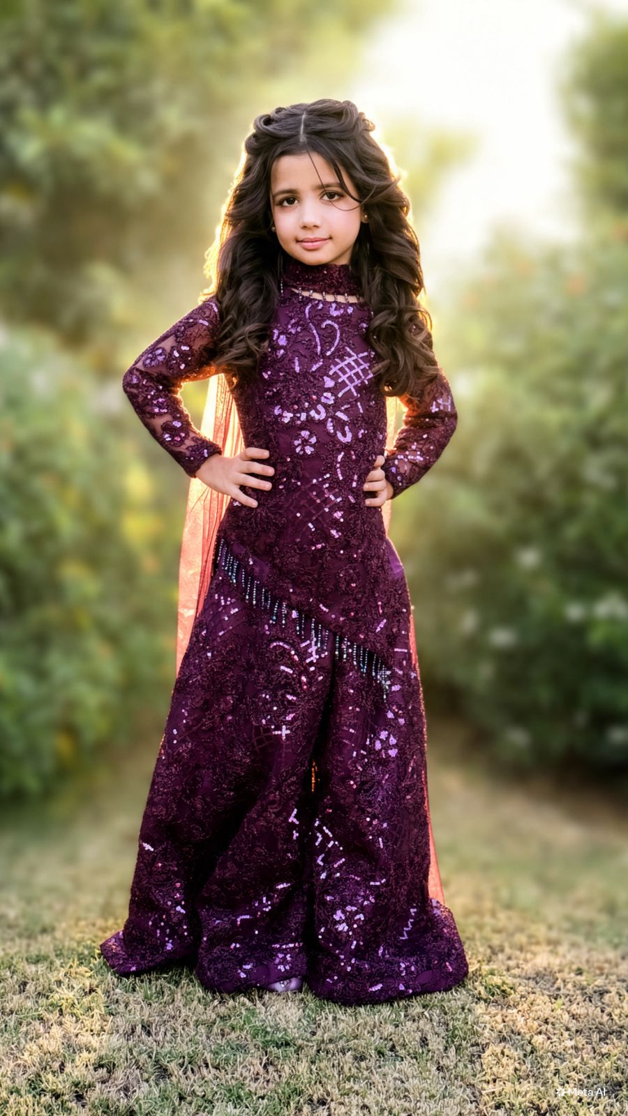 Deep Violet Net Sequined Peplum & Wide-Leg Palazzo