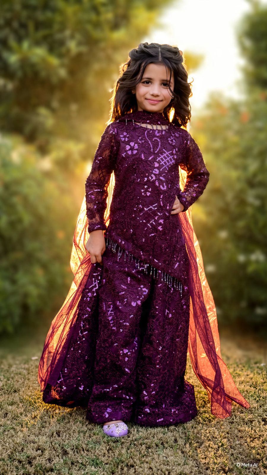 Deep Violet Net Sequined Peplum & Wide-Leg Palazzo - Image 5